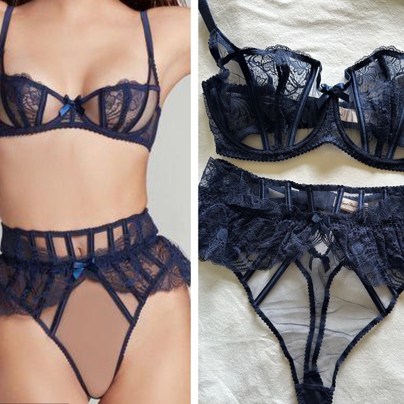 Agent Provocateur Other - NWT Agent Provocateur Rozlyn Navy Balconette and Garter Thong Set 38E & 6 Rare